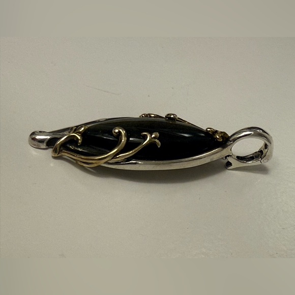 925 Sterling Silver & Brass Artisan Pendant Enhancer – Dark Stone Cabochon 🆕 - Picture 2 of 5